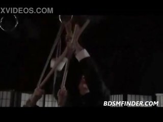 Gebunden shibari suspendiert und versohlt