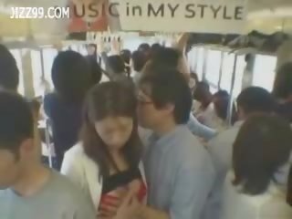 Mosaic; busty in train gives geek handjob 01