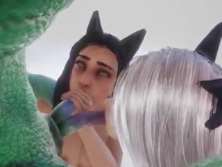 Lizardman inseminates 二 ネコ 女の子 &vert; 大きい ダブル コック モンスター &vert; 3d ポルノの ワイルド 生活